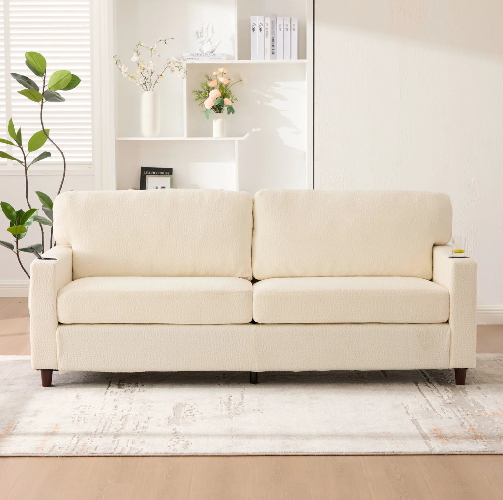 Divano a 2 posti 203x77.5x86 cm con USB-C; LED e portabevande in chenille beige