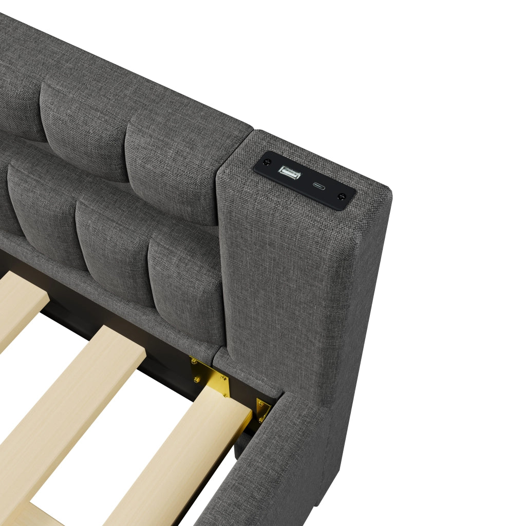 Letto estraibile matrimoniale 140×200 cm con LED; USB e Type-C; senza materasso; lino; grigio