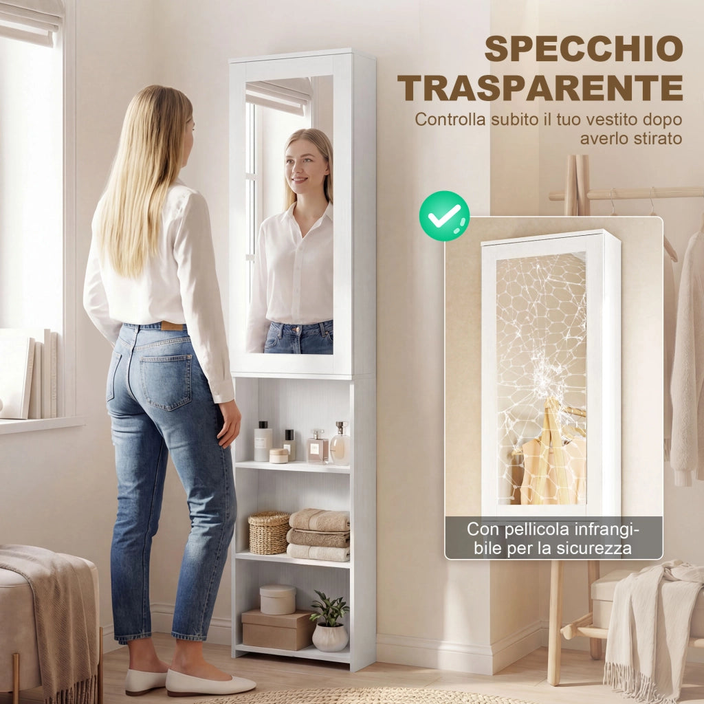 Mobile Asse da Stiro Pieghevole 107x35x174 cm a 6 Ripiani con Specchio e 2 Ganci in Legno e Poliestere Bianco