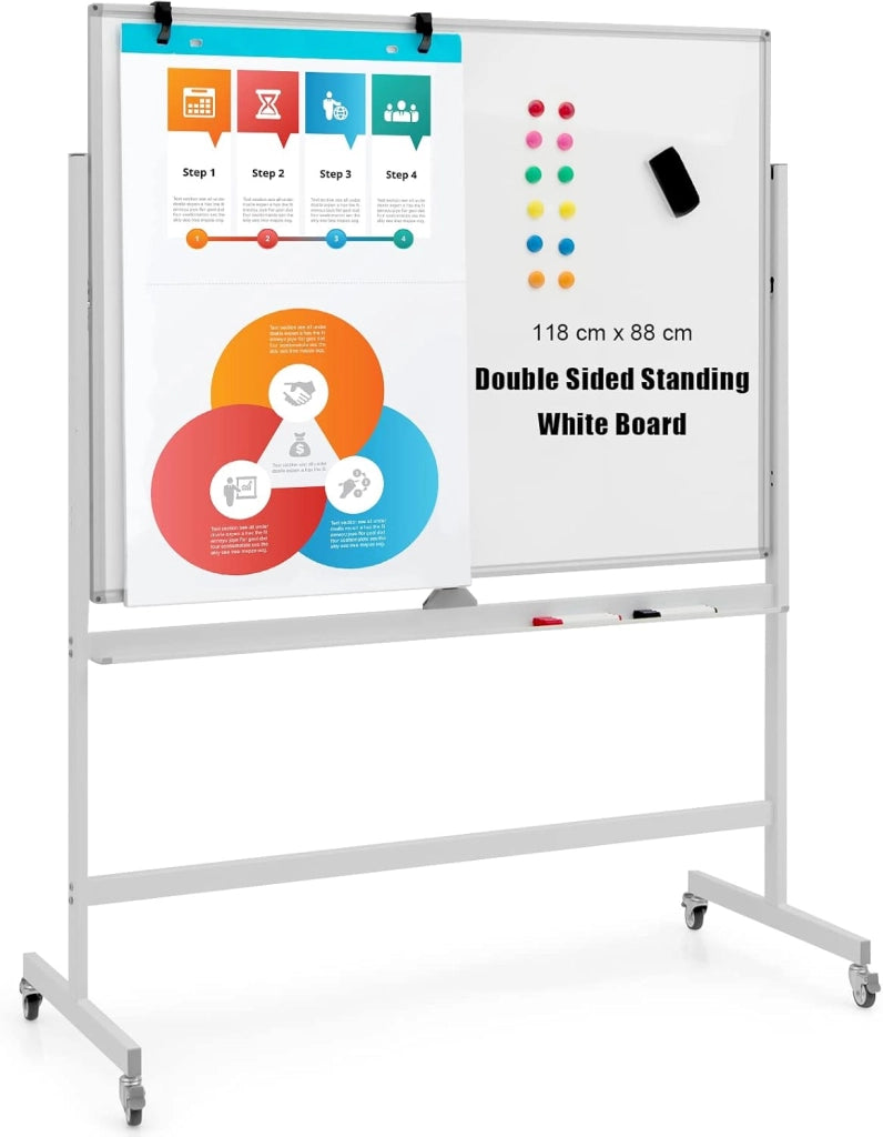 Lavagna Bianca Mobile con Supporto, 120 x 90 cm, Lavagna Magnetica Double Face, Regolabile in Altezza e Girevole a 360° (Bianco)
