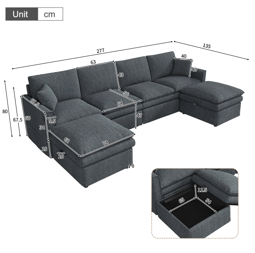 DIVANO Modulare 6 Posti a U/L 277x135x80 cm Grigio