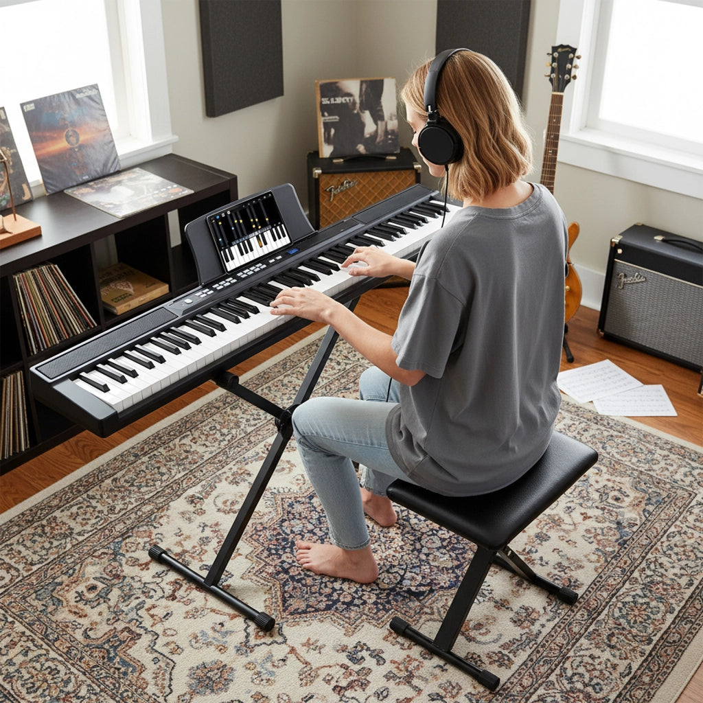 Tastiera pianoforte elettrico 88 tasti digitale supporto sgabello regolabili, Tastiera sensibile tasti pulsanti illuminati funzione midi pedale sustain cuffie Nero