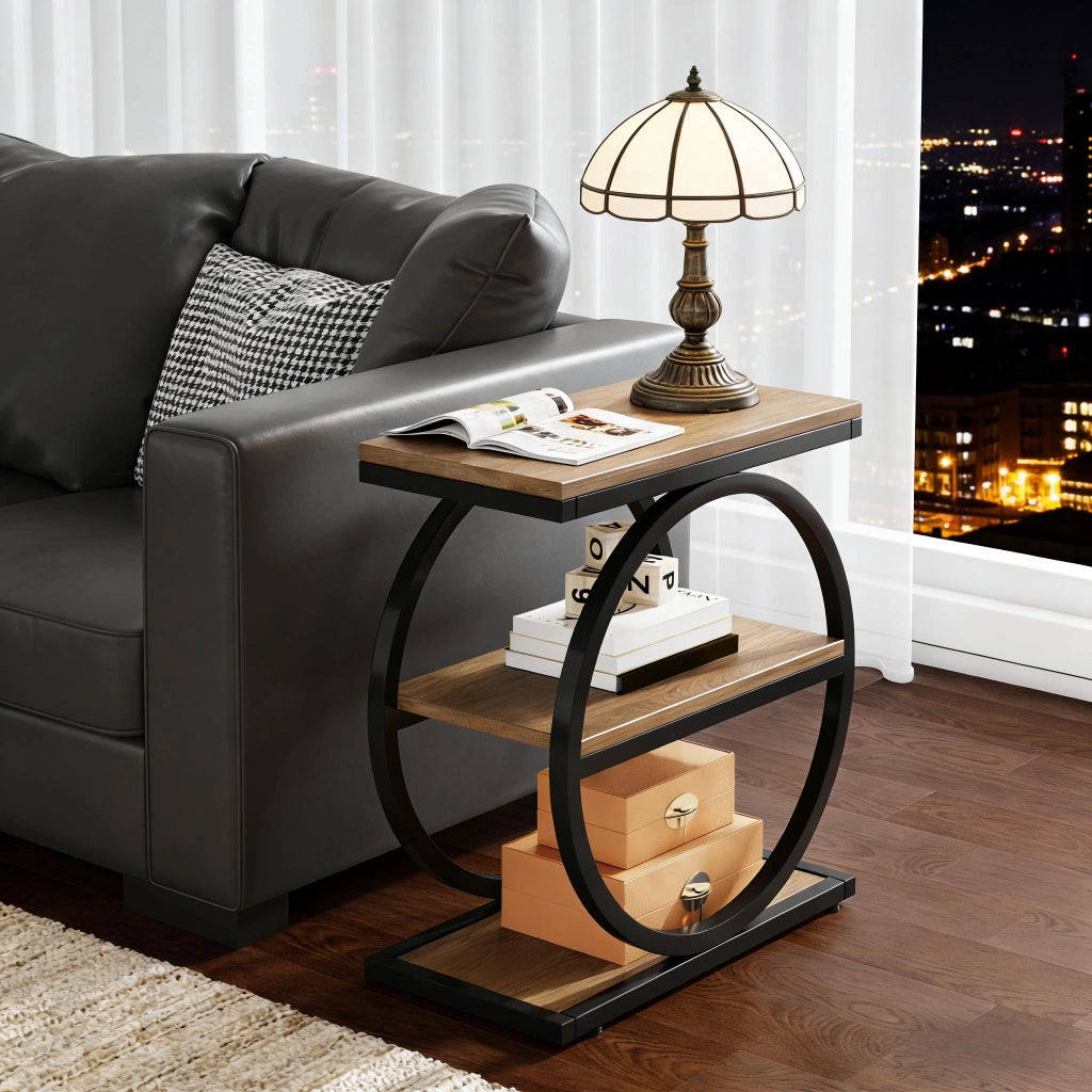 Tavolino basso fisso a 3 ripiani in MDF e metallo nero e marrone per soggiorno e camera da letto 73 × 62 × 12 cm
