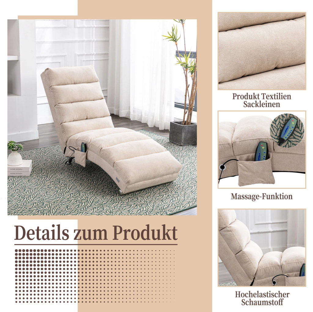 Chaise longue massaggiante beige con vibrazione e tasca laterale