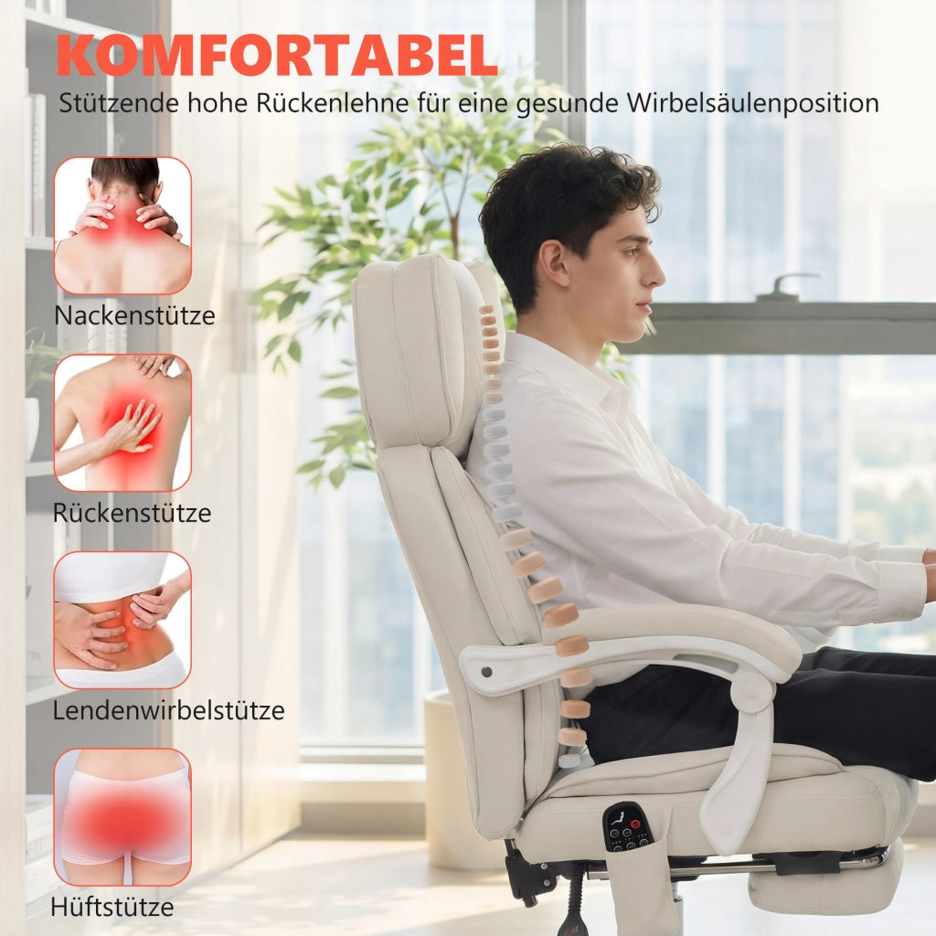 Sedia da Ufficio Ergonomica con Massaggio Vibrante e Riscaldamento ¨C Xylo ¨C Poggiapiedi Reclinabile Bianco Crema