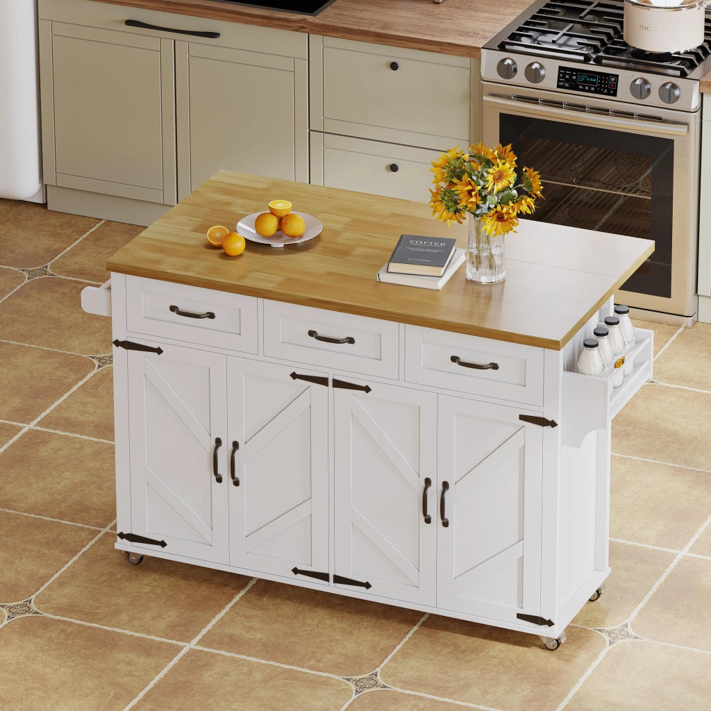 Isola da Cucina Mobile 140x43/70x90;5 cm Bianca con Piano Ribaltabile; 4 Ante; 3 Cassetti e 5 Ruote