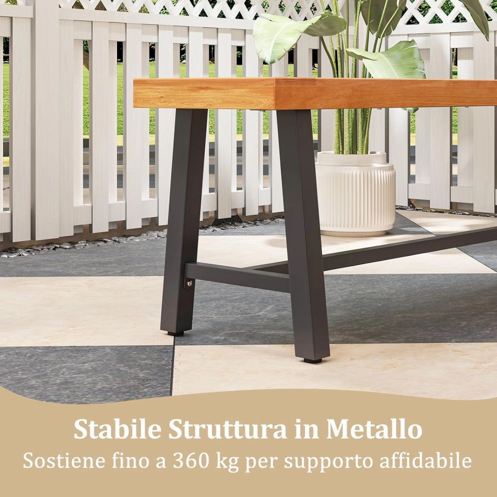 Set di 2 Panchine da Giardino in Legno di Acacia a 3 Posti, Panca da Esterno Senza Schienale con Gambe in Metallo, Panca Capacità di 360 kg per Ingresso, Cortile e Balcone, 160 x 32 x 45 cm
