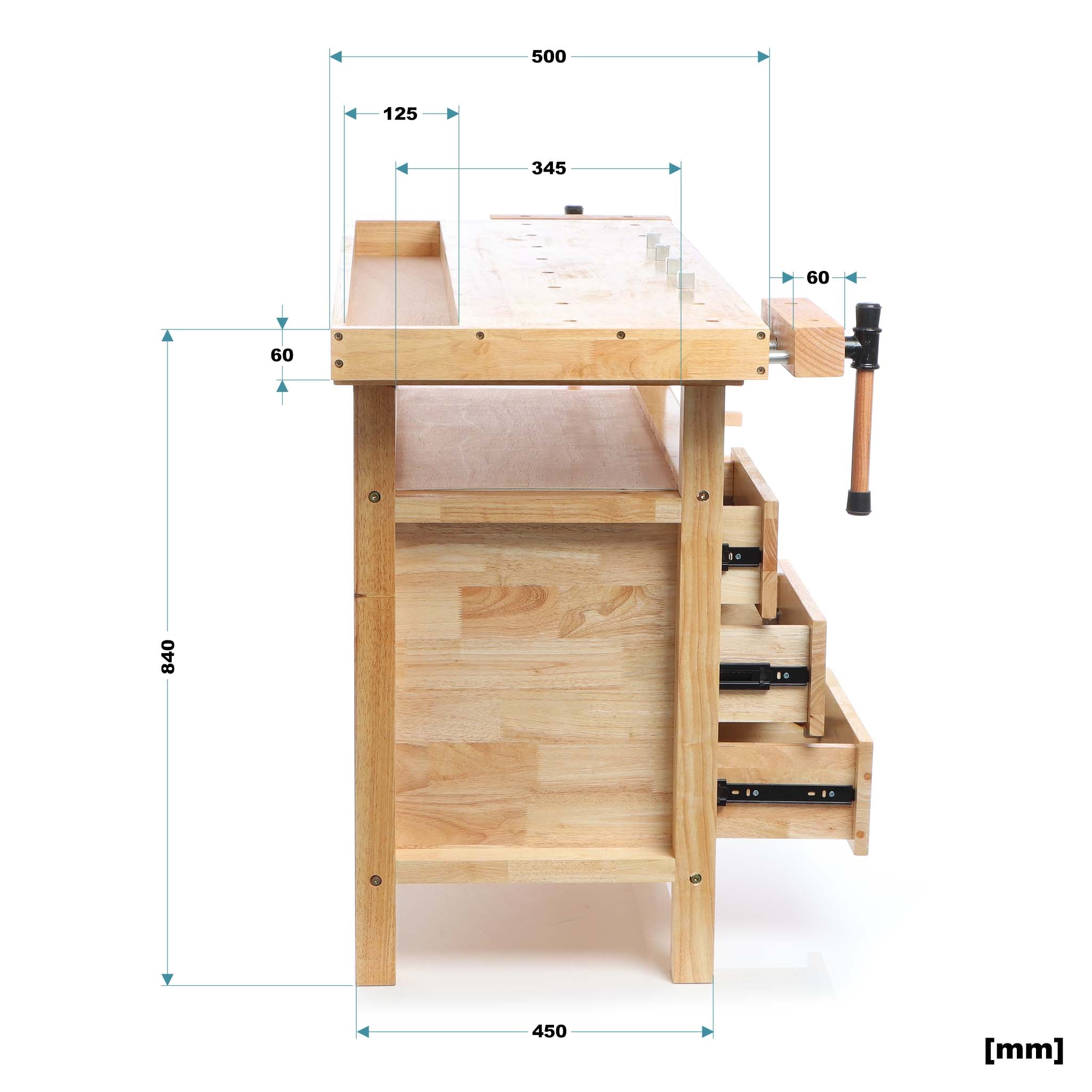 Banco da falegname in legno 126x50x84cm ganci e pinze di serraggio, cassetti e portaoggetti