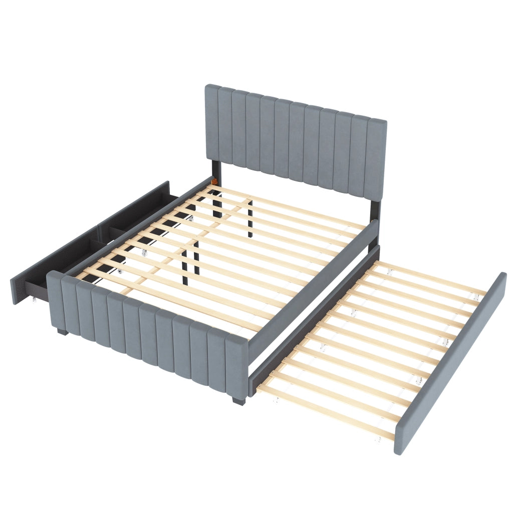 OKWISH Letto con Cassetti 140×190 cm, Letto Matrimoniale con Letto Estraibile 90×190 cm, 2 Cassetti e Testiera Imbottita, senza Materasso, Grigio