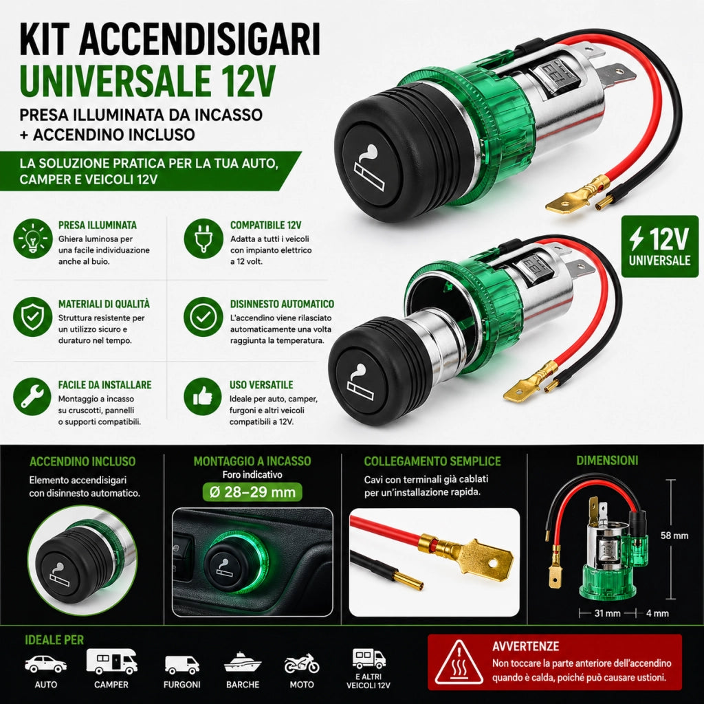 Kit Accendisigari per Auto 12V Illuminato Incasso Ø28-29 mm