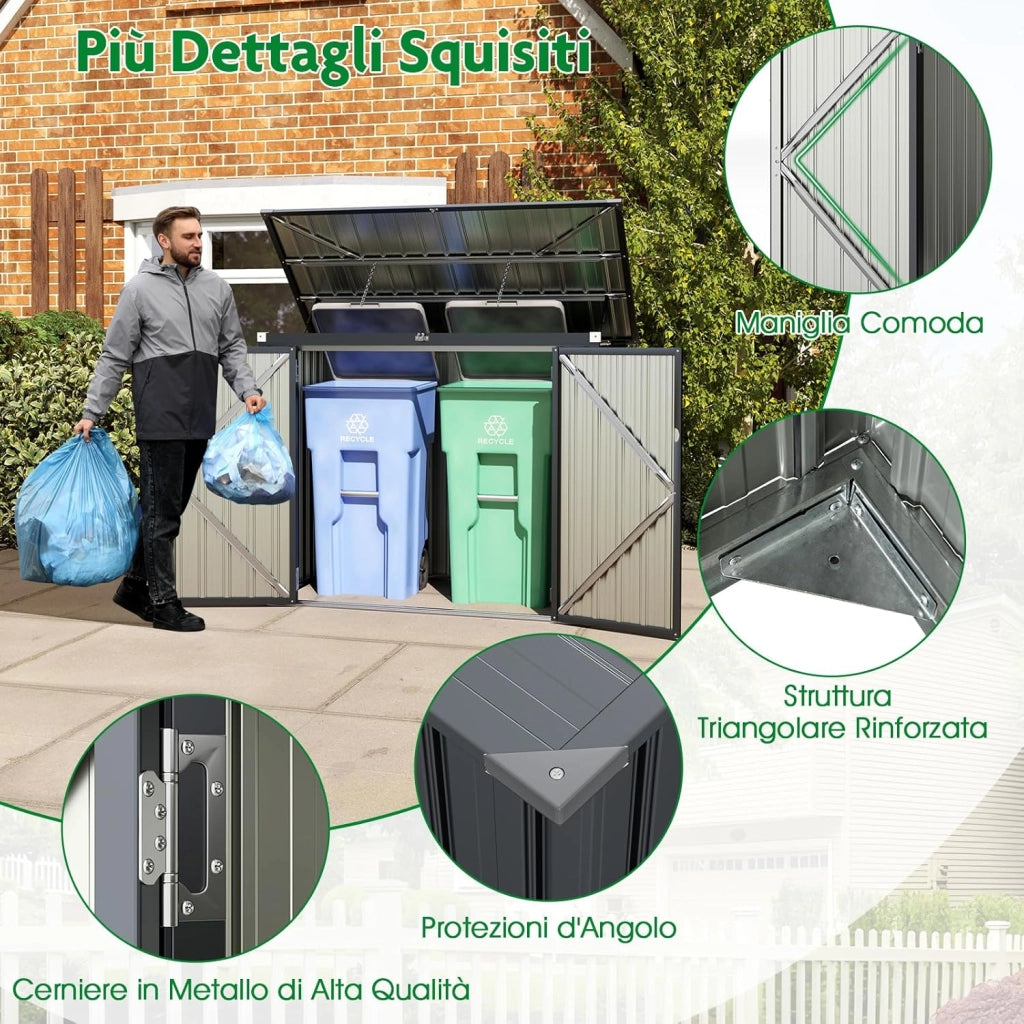 Casetta per Spazzatura Esterna, Capanni da Giardino Bloccabile con Doppie Aperture, 2 Porte e Struttura in Metallo Zincato, Organizzatore di Stoccaggio per Patio e Cortile