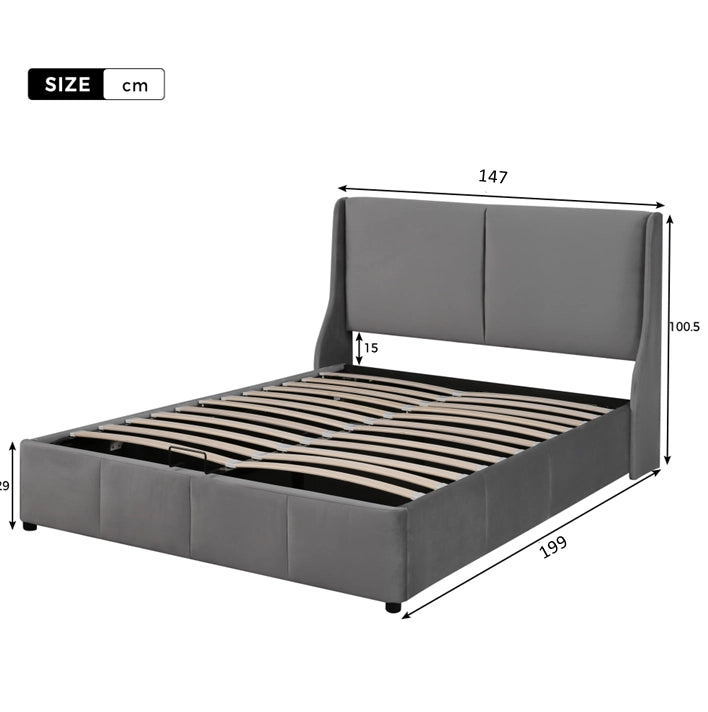 Letto imbottito matrimoniale con testiera a orecchie, contenitore idraulico, 140x190 cm, grigio