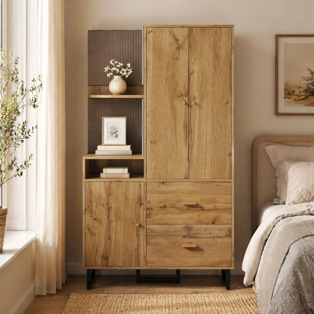Mobile guardaroba da ingresso 110x38x186 cm con appendiabiti estraibile e 2 cassetti nero/naturale HOMVRA
