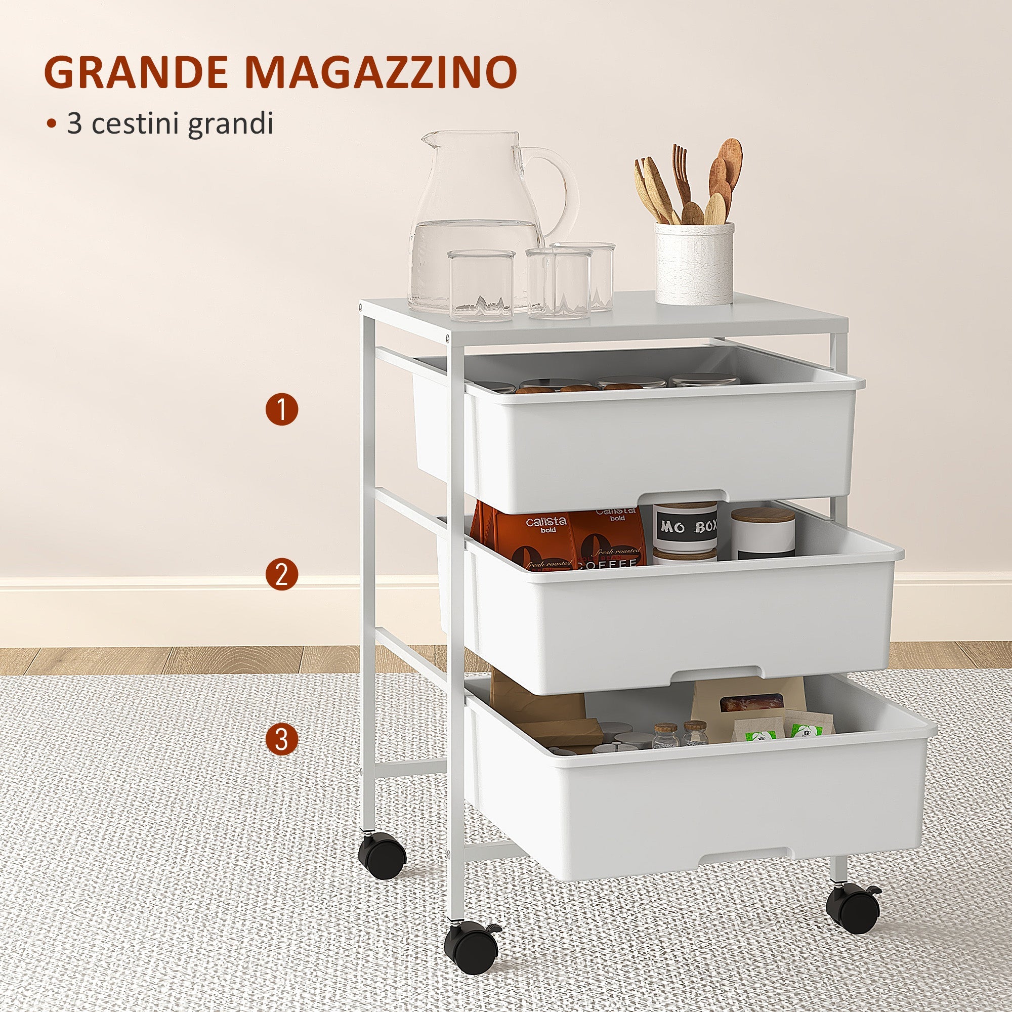 Carrello Multiuso con 3 Cestini Estraibili e Ruote 40,8x33,5x60,5 cm in Acciaio e PP Bianco