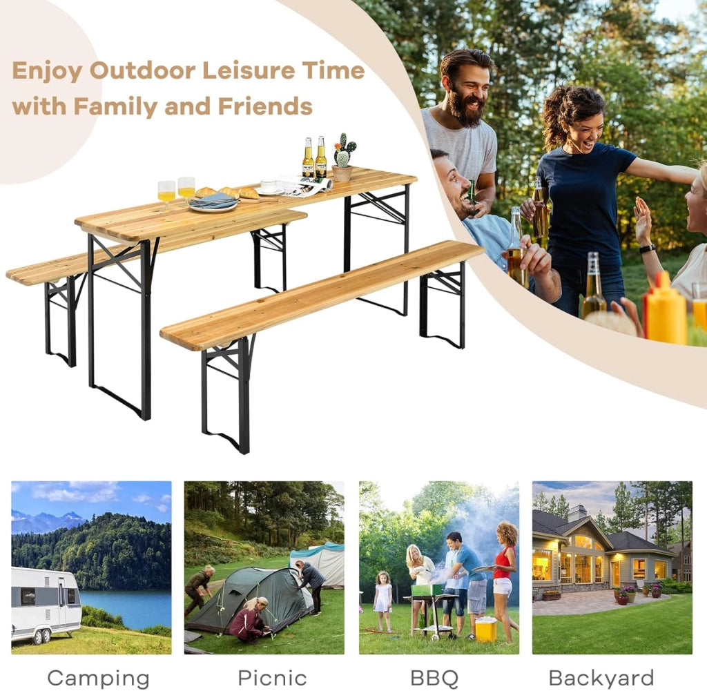 Set da Tavolo e 2 Panche da Campeggio Pieghevole, Tavolo da Picnic in Legno con Telaio e Gambe in Ferro Robusto，Adatto per Terrazza, Barbecue e Festa in Giardino