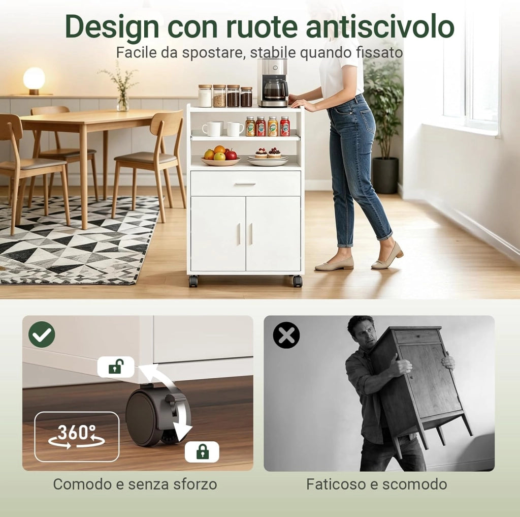 Carrello Cucina con Ruote, Mobile Microonde con Piano Estraibile e Cassetto, Mobile Cucina Salvaspazio per Piccoli Ambienti, Cucina, Coffee Station e Soggiorno, Bianco 59×40×92 cm FSB09-W