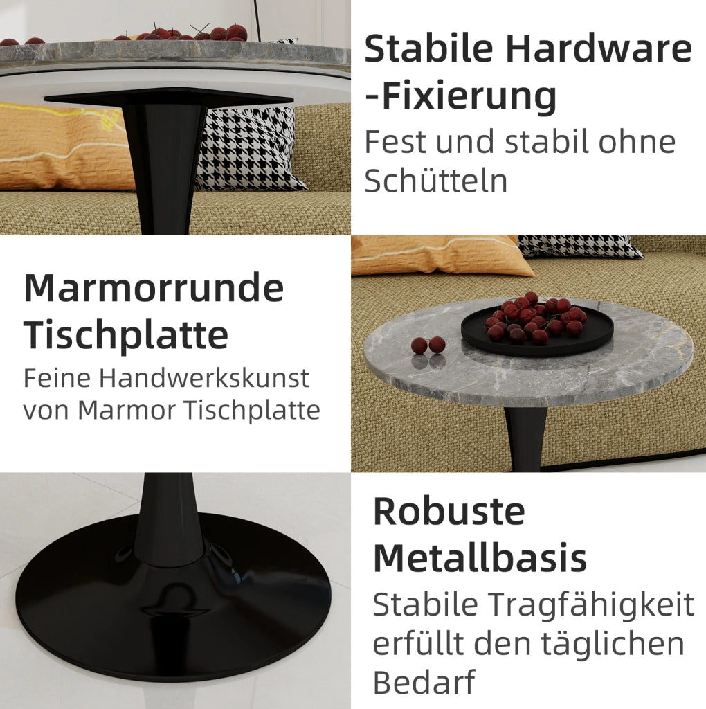 Tavolino rotondo moderno in marmo artificiale nero e grigio