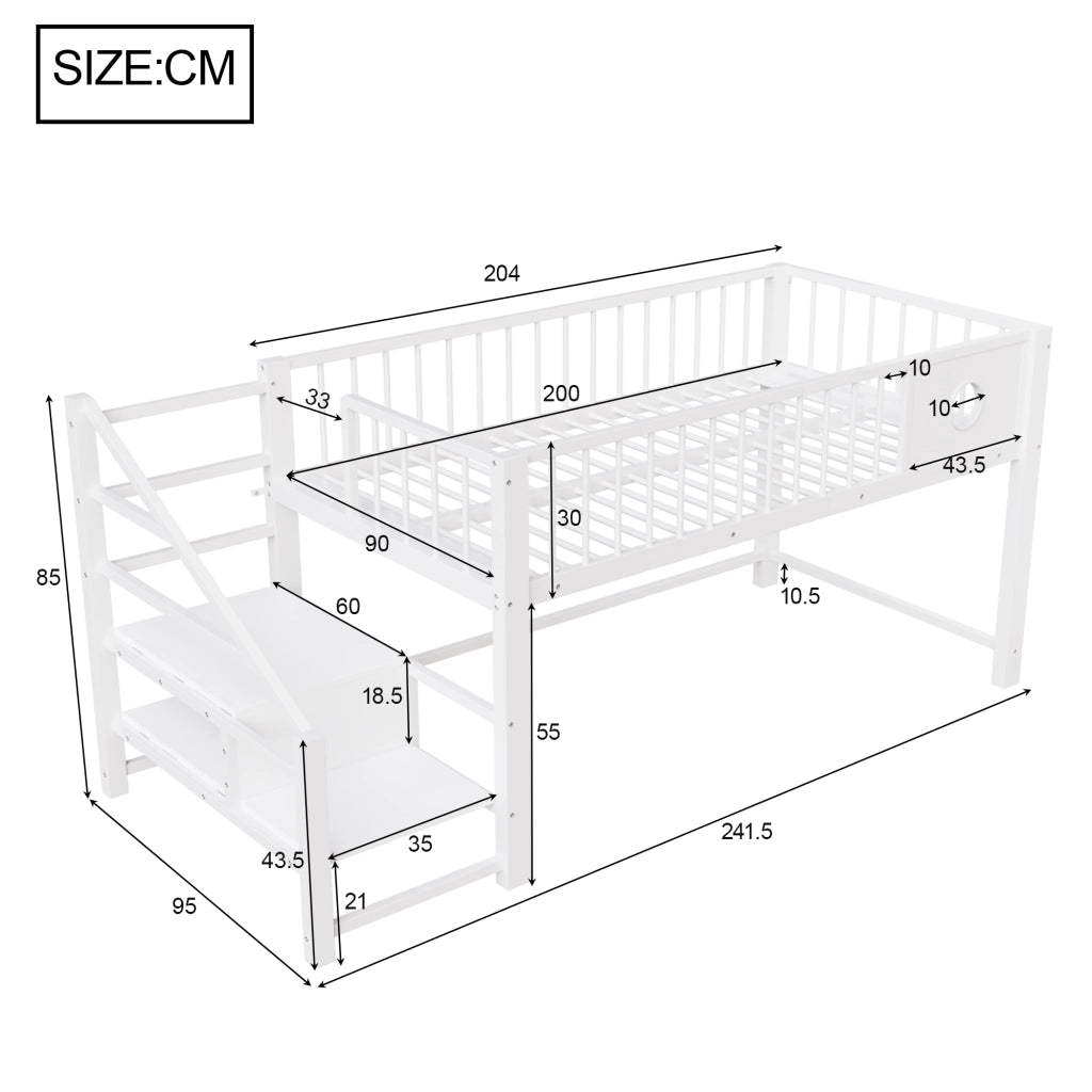 Letto a soppalco basso per bambini 90x200 cm in metallo, con scala contenitore, bianco