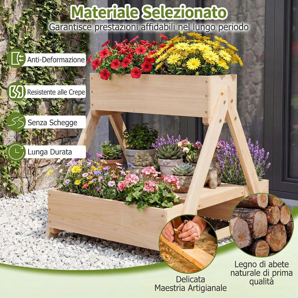 Fioriera Rialzata in Legno, Orto Rialzato da Giardino con 3 Vasi, Ripiano Aperto e Fori di Drenaggio, Fioriere Verticali da Esterno a Forma di A per Cortile e Balcone, 66 x 58 x 60 cm