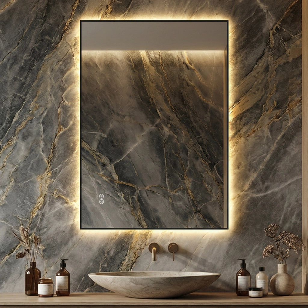 Specchio bagno led 50x70 cm retroilluminato con cornice in alluminio; antiappannamento