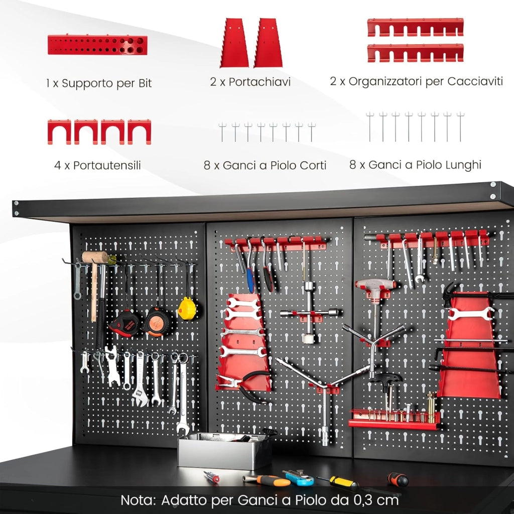 Banco da Lavoro con Pannello a Chiodi, Tavolo da Officina con Cassetti, Ripiani e 25 Accessori Appendibili, Carico Massimo 435 kg, per Garage, Casa, Officina e Magazzino