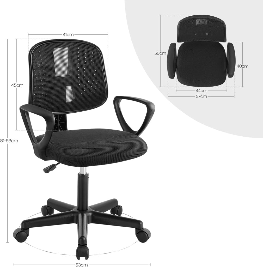 Sedia da Scrivania per Bambini, Sedia da Studio Girevole, Sedie Ergonomica con Ruote, Tessuto a Rete Traspirante, Sgabello Girevole con Schienale Regolabile Automaticamente, Nero, K0003BS