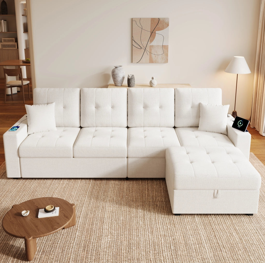 Divano angolare modulare a L con pouf contenitore; LED; USB e Type-C; beige; 253 cm