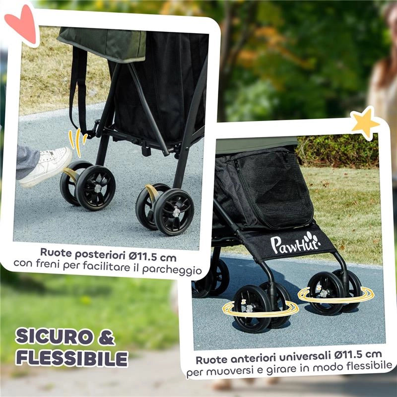 PASSEGGINO PER CANI CON 2 FINESTRE A RETE, IN ACCIAIO E TESSUTO OXFORD, 76X44X103 CM, NERO E VERDE SCURO