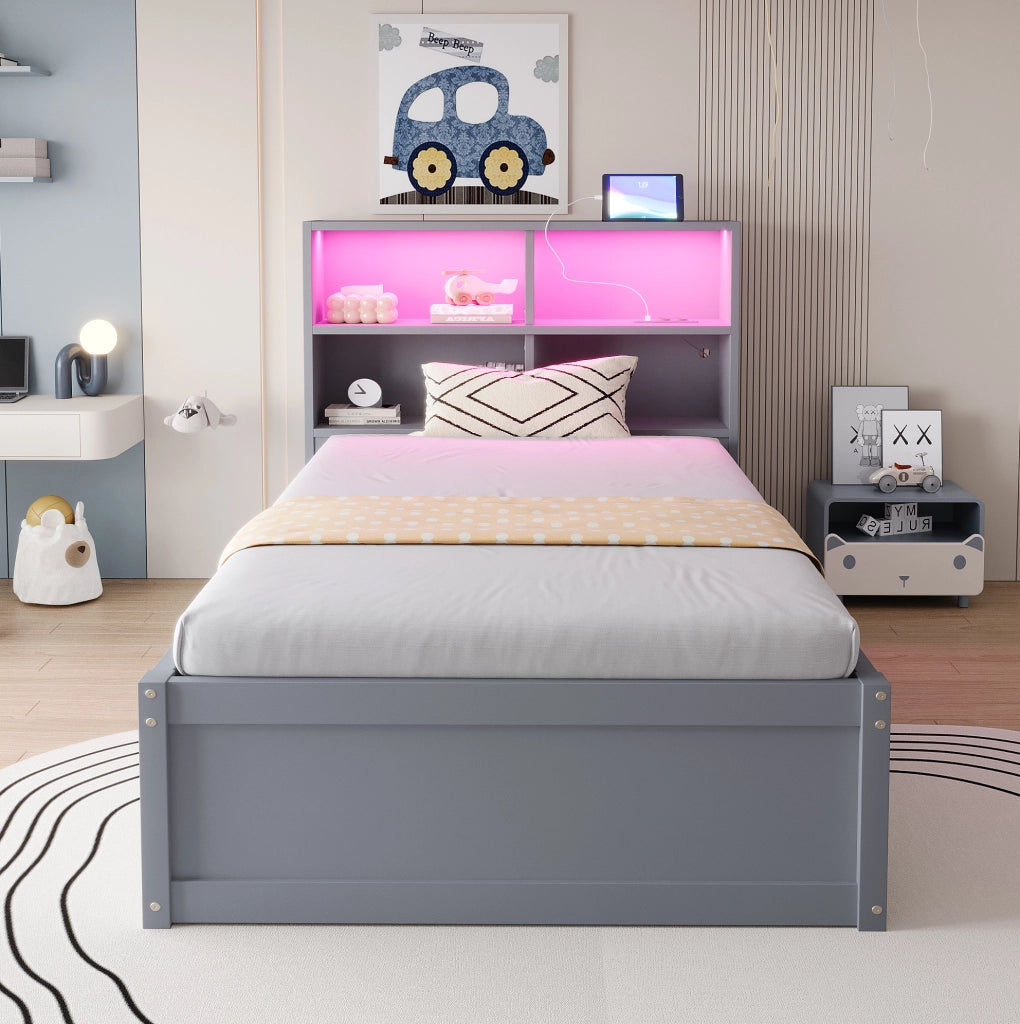 Letto singolo multifunzione 90x200 cm con presa integrata; LED e 4 vani portaoggetti; grigio