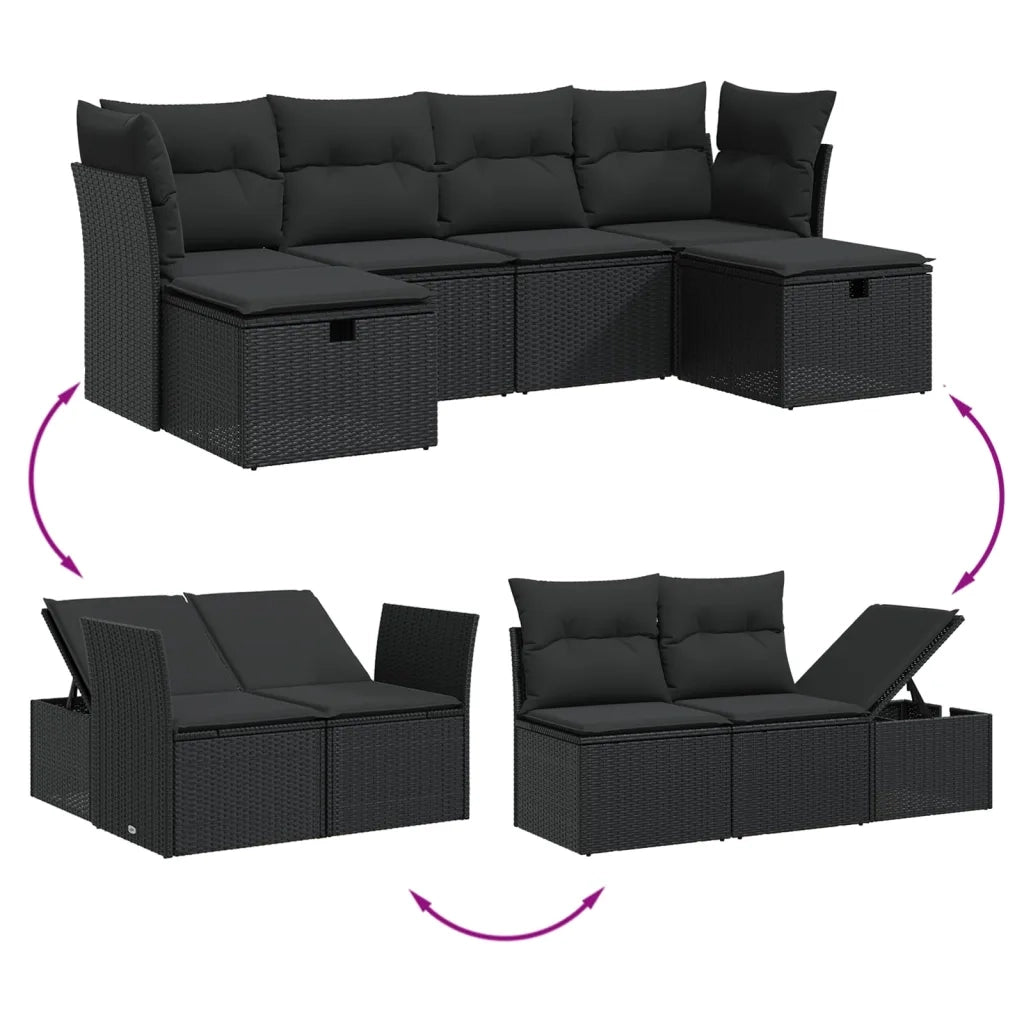 Set Divano da Giardino 6 pz con Cuscini Nero in Polyrattan 3265773