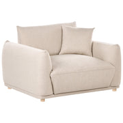 Poltrona in tessuto beige con gambe in legno morbido, da salotto con braccioli, stile moderno