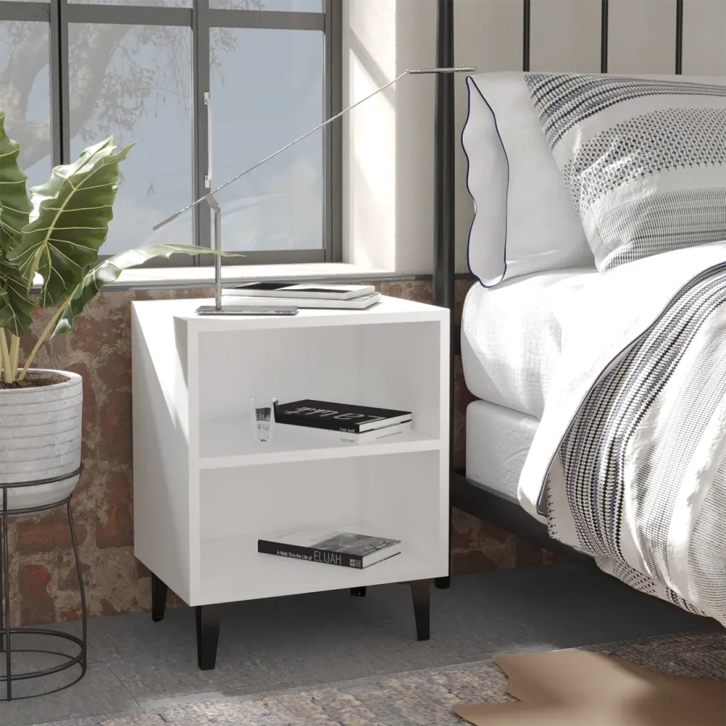 Comodino | Armadio da Notte | Mobiletto da notte con Gambe in Metallo Bianco 40x30x50 cm