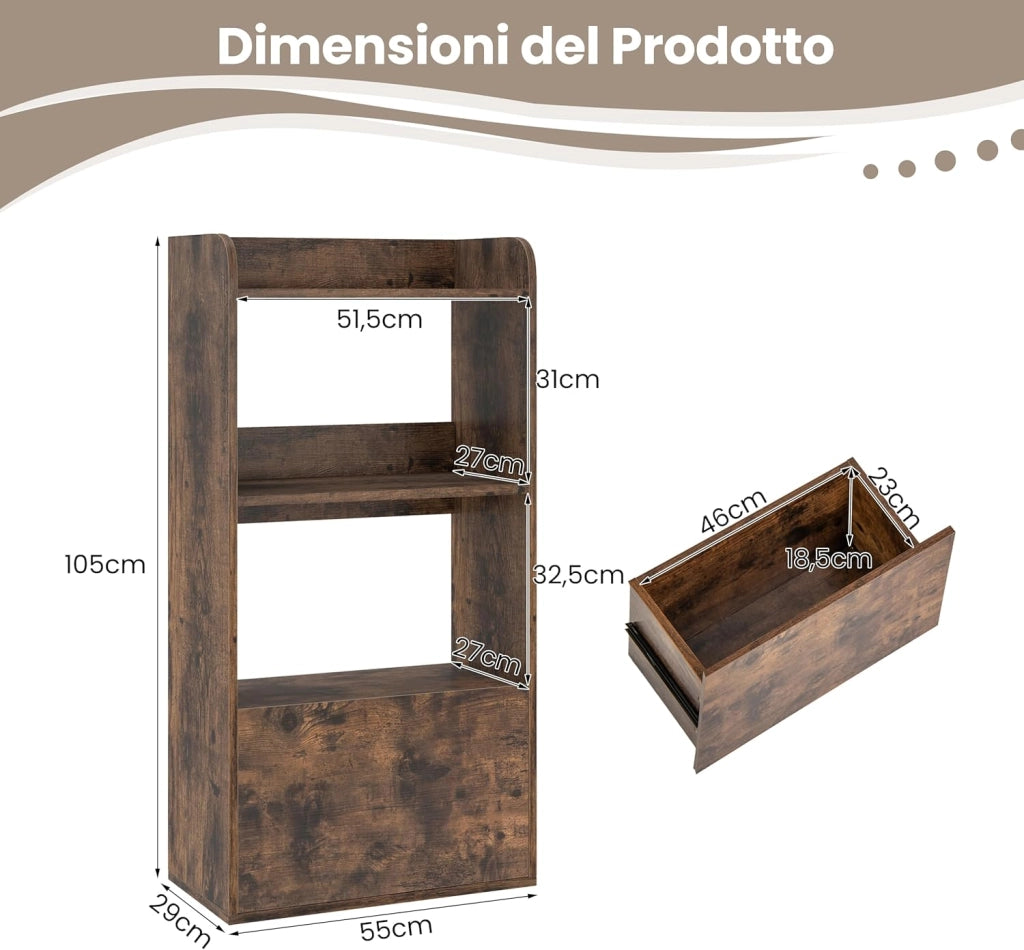 Libreria Aperta a 3 Ripiani, Scaffale Salvaspazio in Legno con Cassetto, Scaffale Portaoggetti Espositivo per Camera da Letto, Soggiorno, Cucina e Ingresso, 55 x 29 x 105 cm (Marrone)