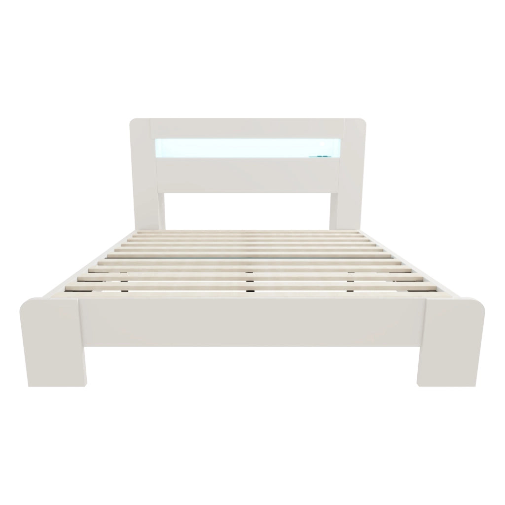 LETTO con testiera contenitore, LED e prese 140x200 cm legno bianco