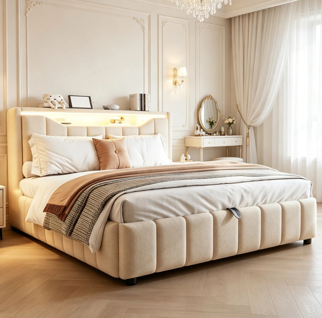 Letto matrimoniale 140x200 cm con contenitore idraulico e LED