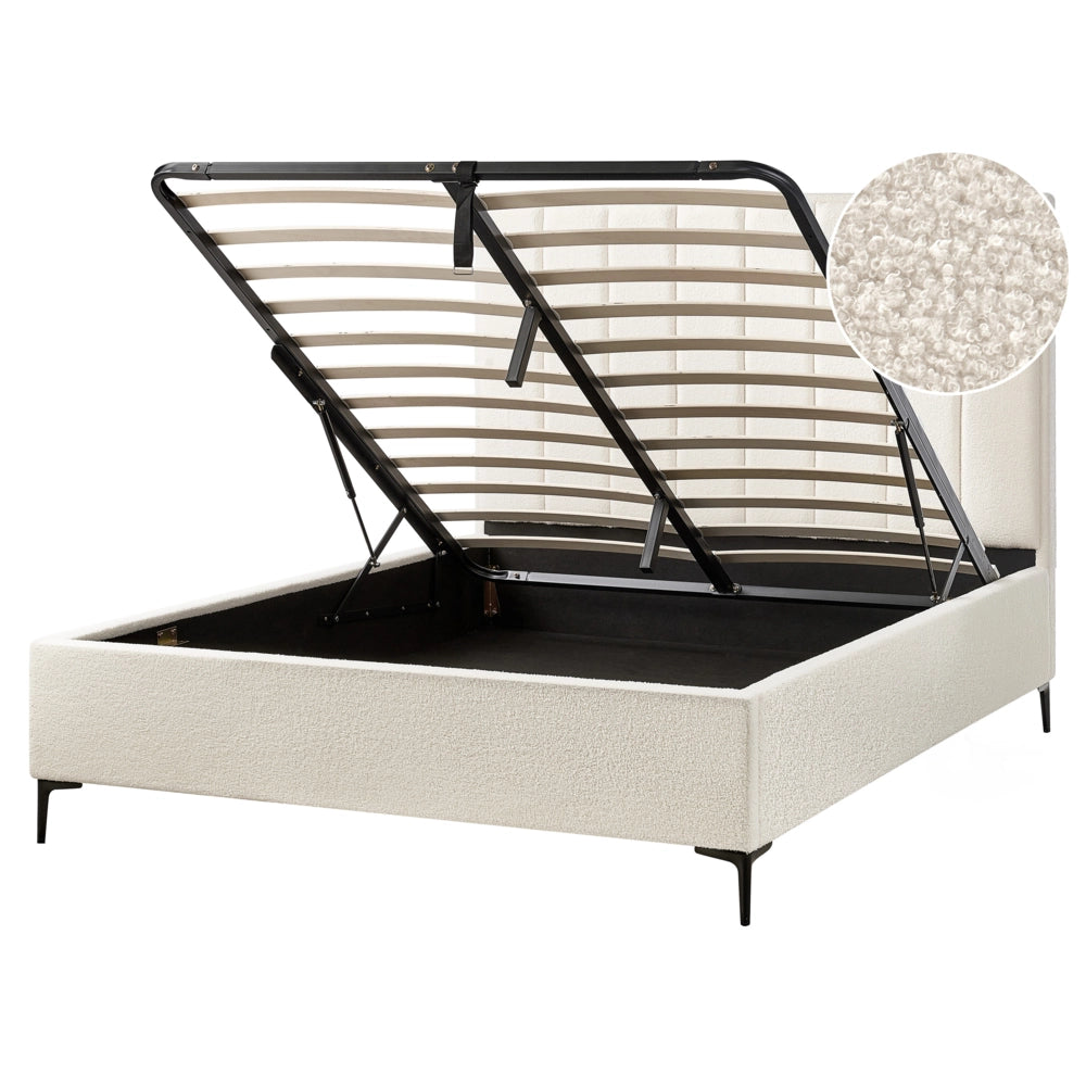 Letto Matrimoniale con Contenitore in tessuto bouclè bianco sporco 160 x 200 cm gambe in metallo Nero