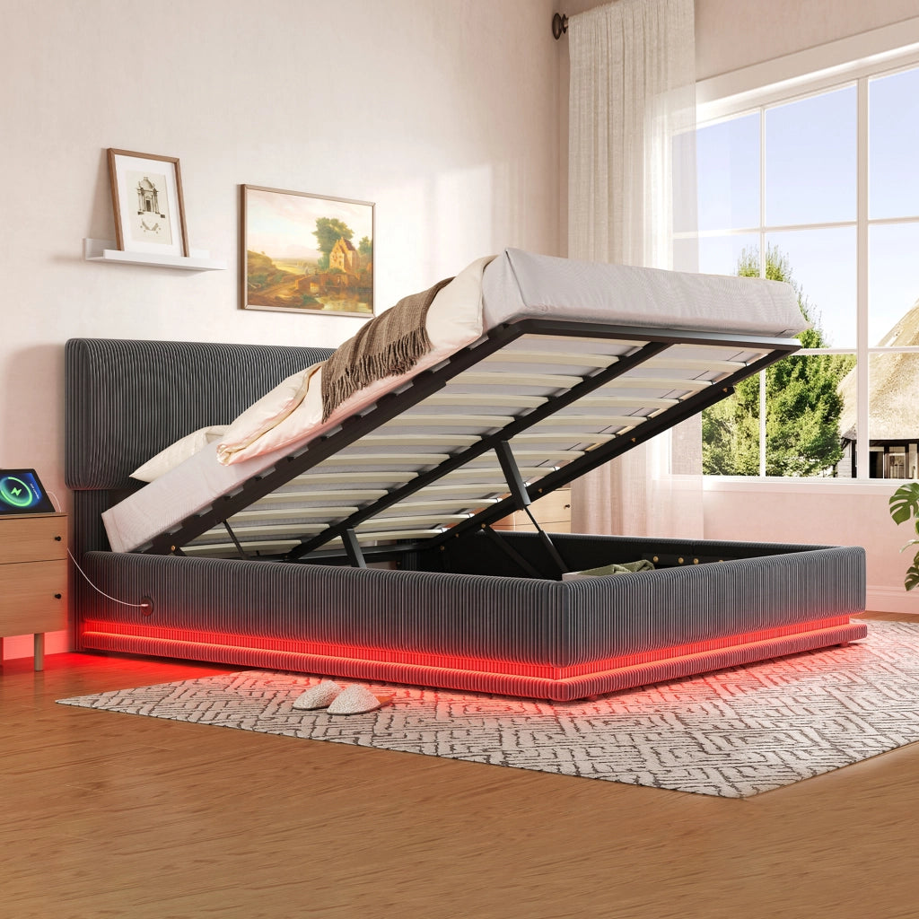 Letto imbottito con LED USB regolabile 160x200 cm velluto a coste grigio scuro