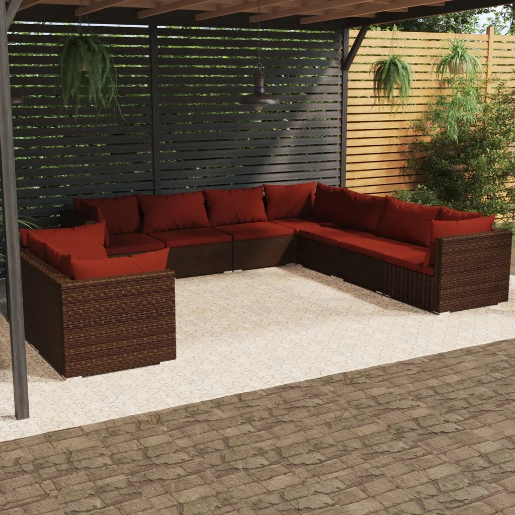 Set Divani da Giardino 9 pz con Cuscini in Polyrattan Marrone 3102499