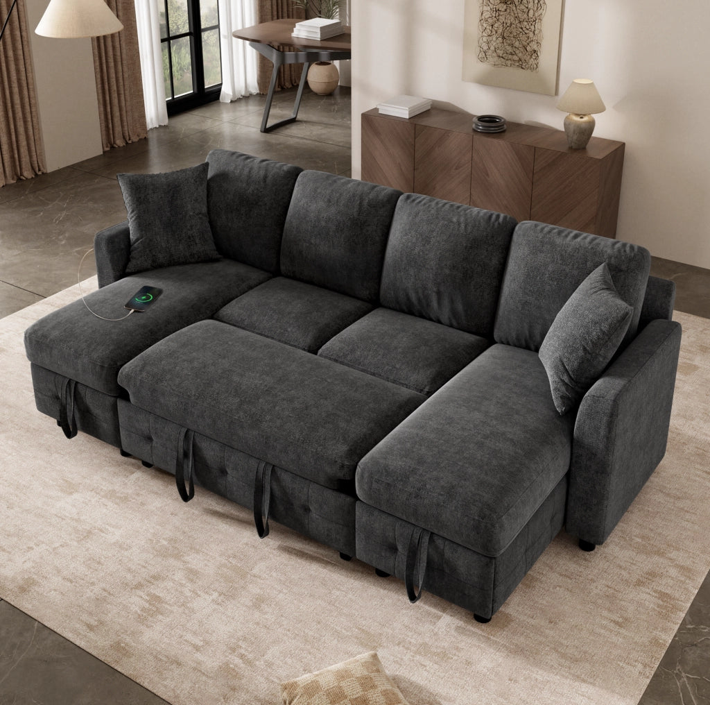 Divano letto modulare in chenille con contenitore e ricarica integrata