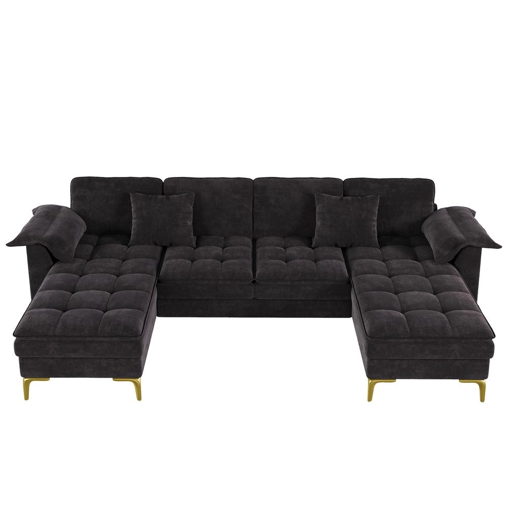 Divano angolare 4 posti con 2 chaise longue ¨C Minimal ¨C nero, tessuto chenille, gambe metallo, con cuscini