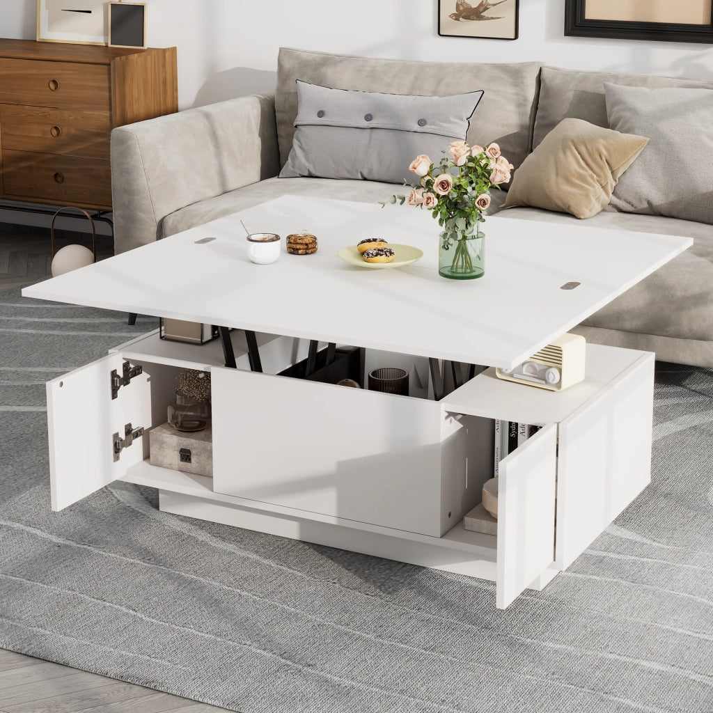 Tavolino alzabile con 2 ante e vano contenitore - per soggiorno - 100×50×43 cm - bianco
