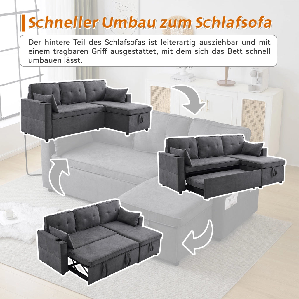 SOFA LETTO Reversibile con contenitore 211x130x86 cm Grigio Cotone/Lino
