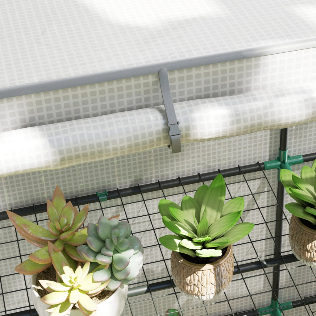 Serra da Giardino  144x48x142-152 cm con 2 Porte Avvolgibili 3 Ripiani e Tasche Laterali in PE Bianco e Grigio