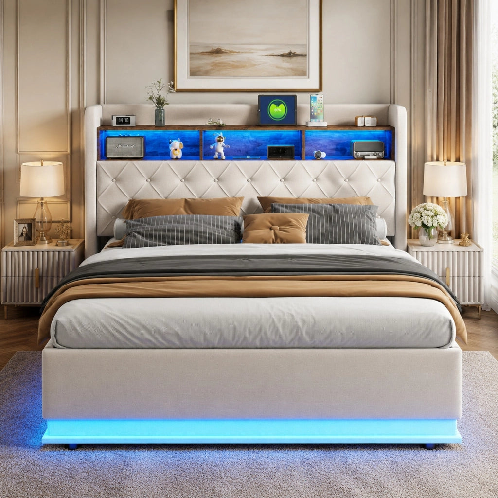 Letto matrimoniale imbottito 180x200 cm con LED; USB e contenitore idraulico; beige