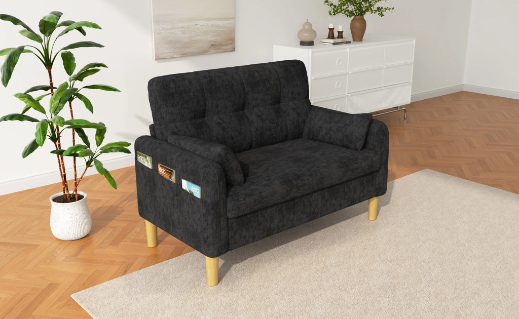 Divano 2 posti compatto 119x78x85 cm in ciniglia grigia con 2 cuscini e tasca laterale