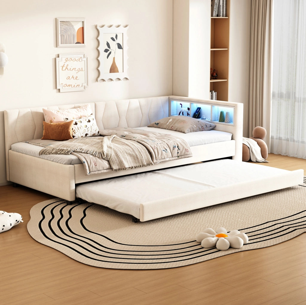 Letto estraibile 90x200 cm con LED, USB-C e vani beige