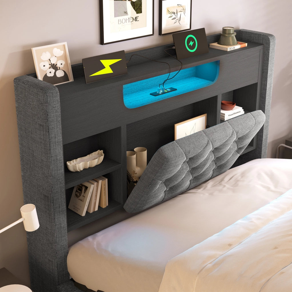 Letto contenitore 90x200 cm con LED, USB e testiera con ripiani