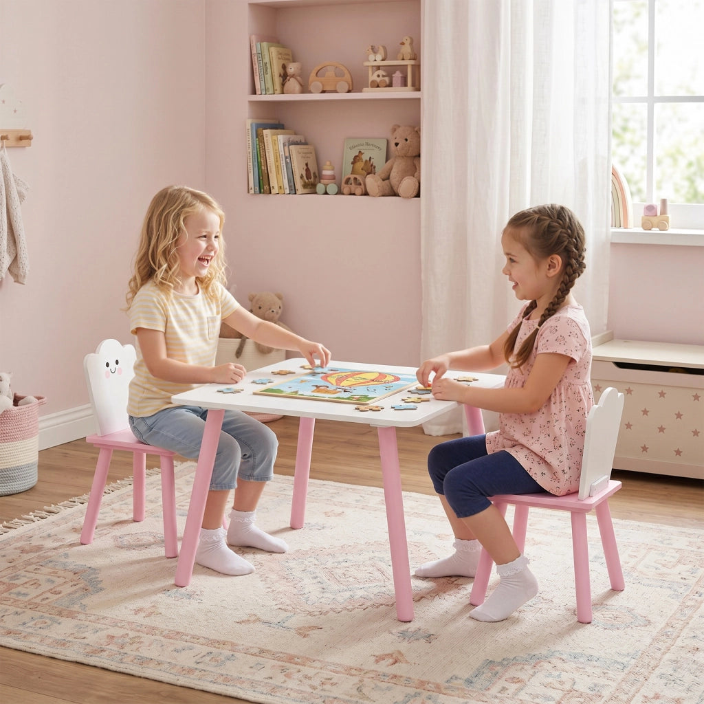 Set Tavolo e 2 Sedie per Bambini 3-6 Anni in Legno con Angoli Arrotondati Rosa