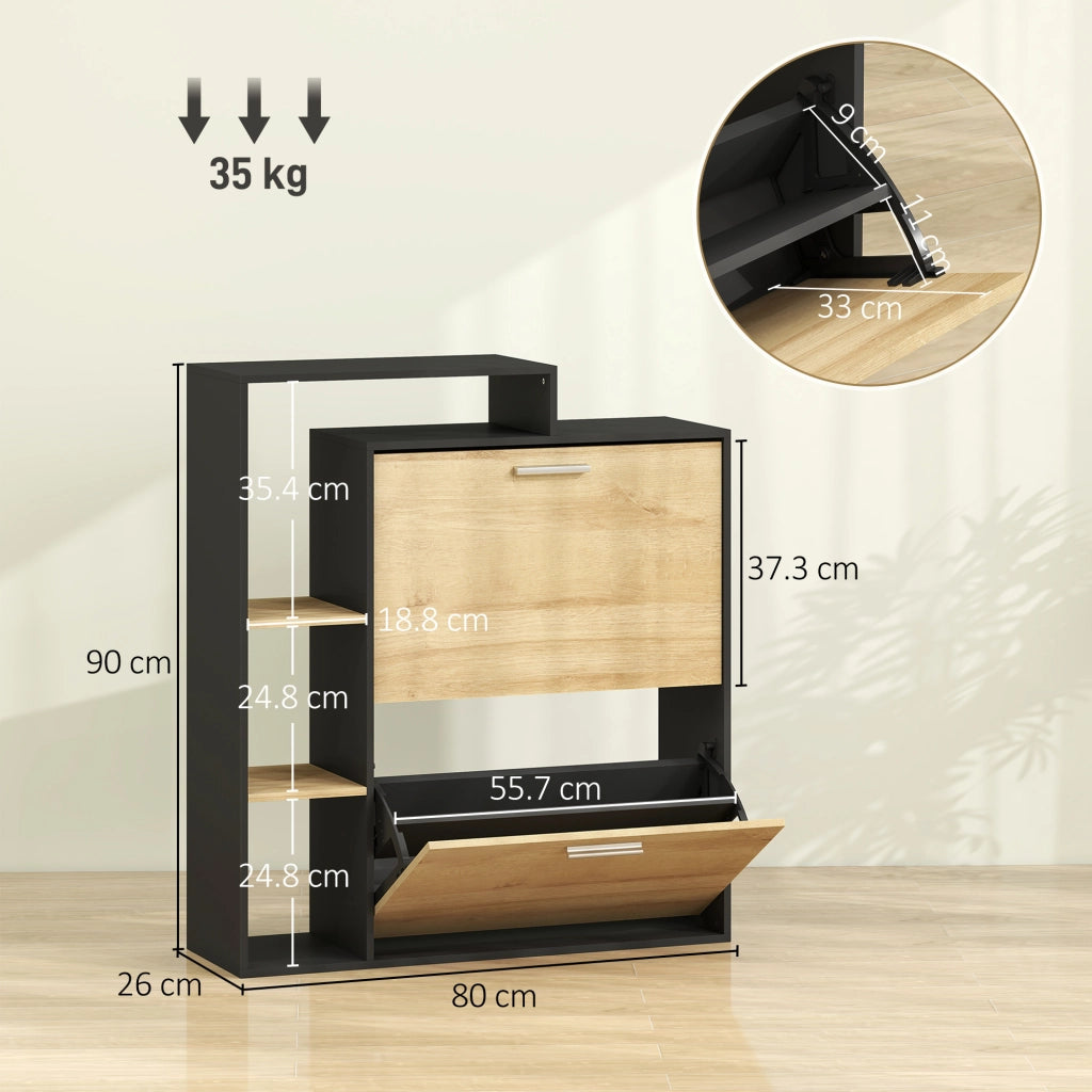 Mobile Portascarpe: 2 Cassetti a Ribalta. Ripiani. Nero e Legno Naturale.