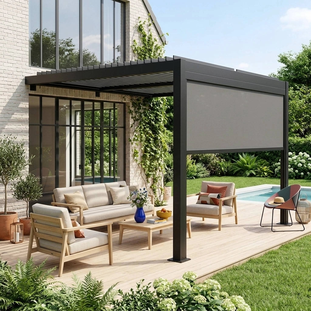 Pergola bioclimatica in alluminio addossata 3x3m + 1 tenda 3m palace,